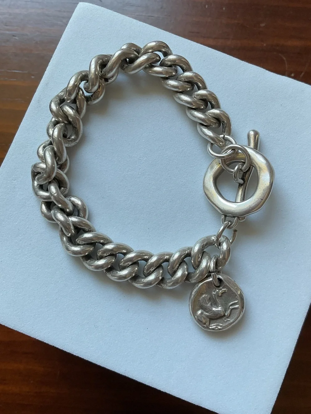 Vintage Silver Plated Warrior Pegasus Charm Toggle Clasp Chain Link Bracelet